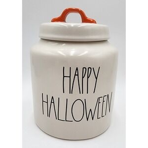 Rae‎ Dunn Happy Halloween Canister Jar with Orange Handle Lid Ceramic NOS